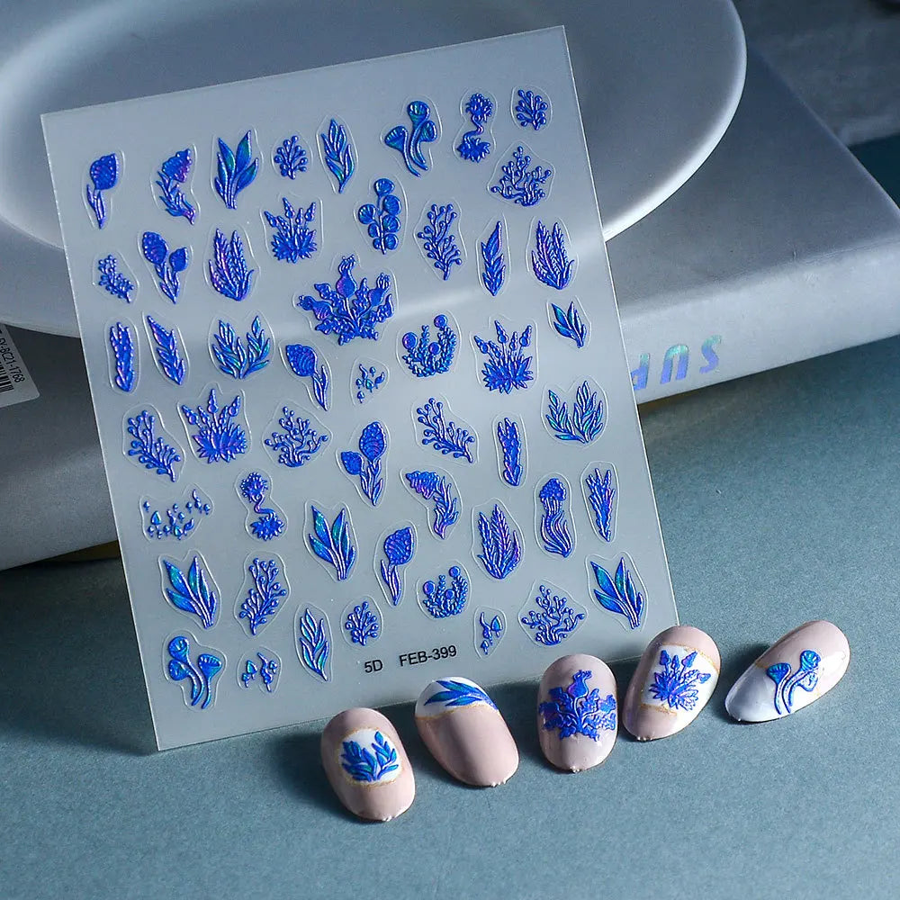 5D Flower Nail Art Stickers | Japanese Blue Purple Decals Nail Art Stickers QXL