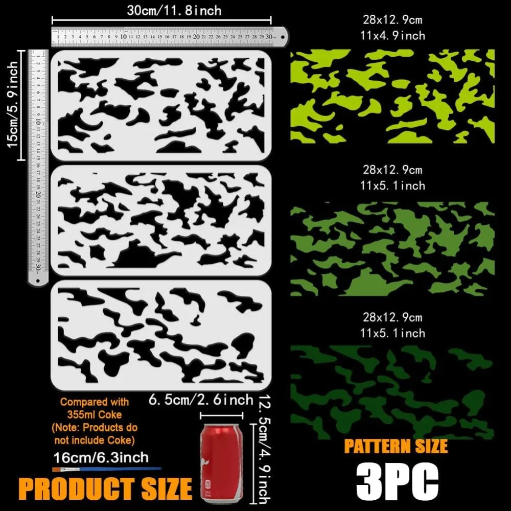 3-Piece Layered Camouflage Stencil Set with Brush | 11.8x5.9" Painting Stencil Set QXL