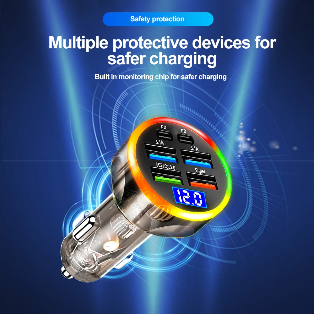 250W 6-Port Fast Car Charger PD USB-C + USB-A | QXL Car Charger Adapter QXL