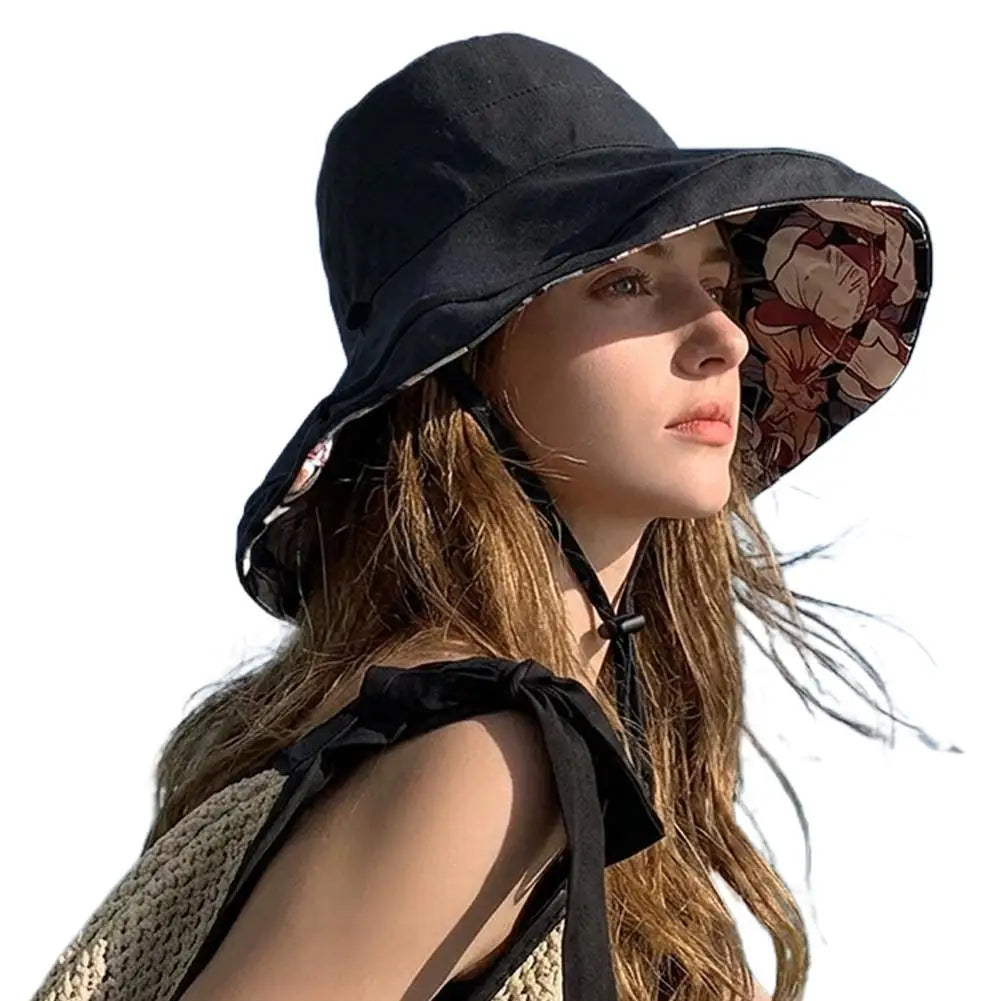 Women's Reversible Floral Bucket Hat | Wide Brim UV Sun Hat Wide Brim Sun Hat QXL Black One size