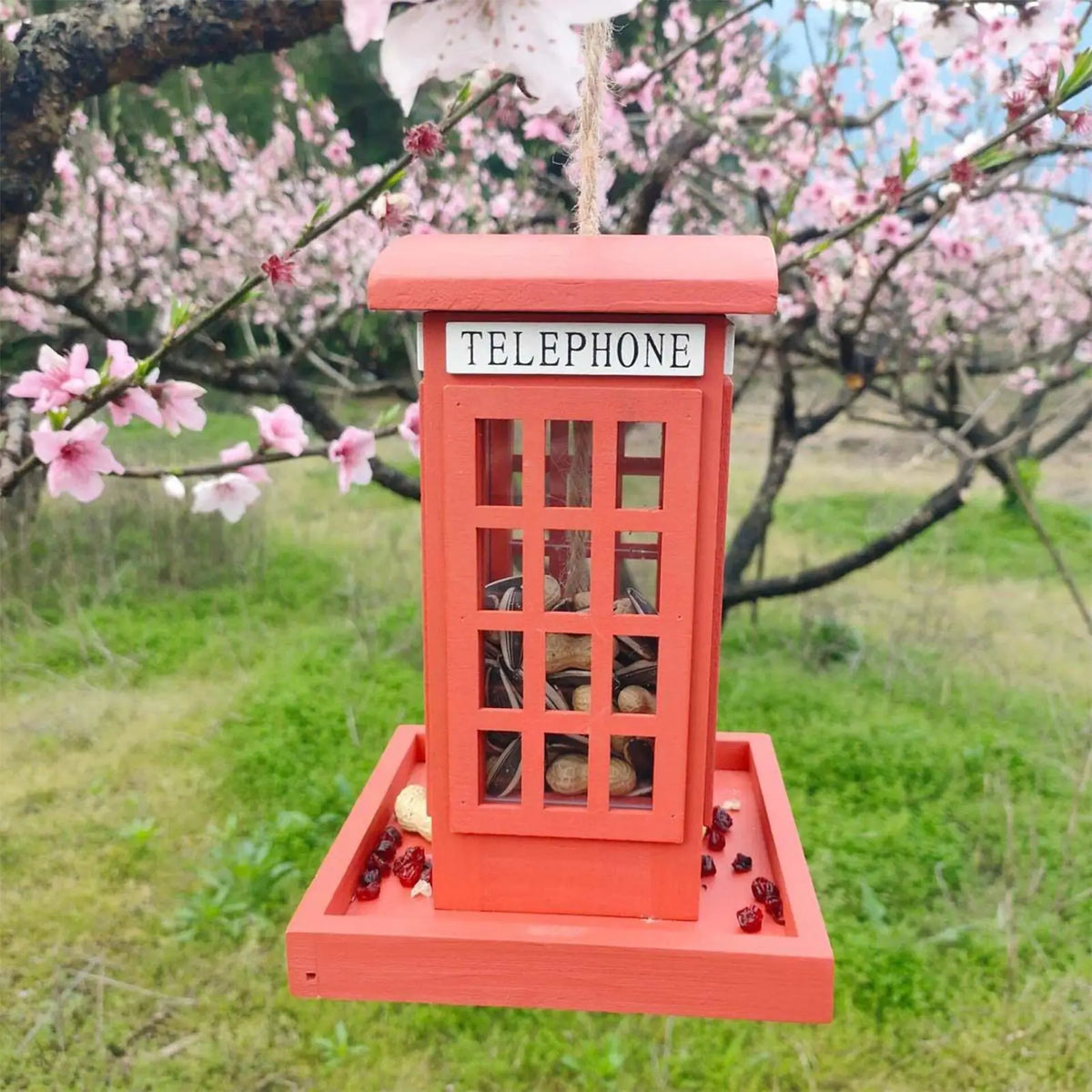 Red Telephone Box Wooden Bird Feeder | Hangable Garden Décor Decorative Bird Feeder QXL