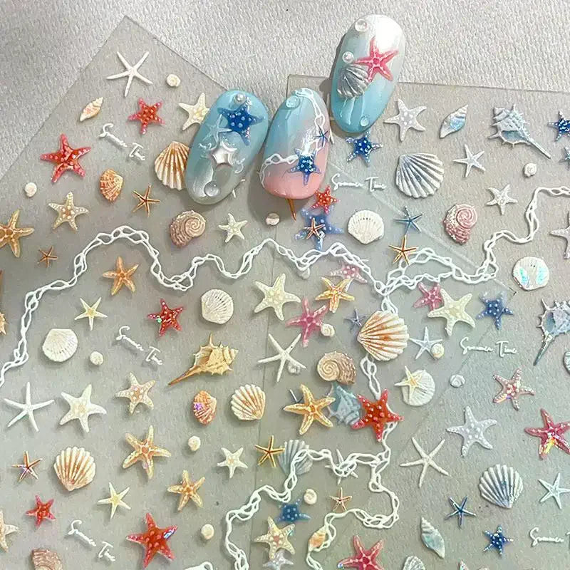 5D Summer Seashell Nail Stickers | Embossed Starfish Decals Nail Art Stickers QXL