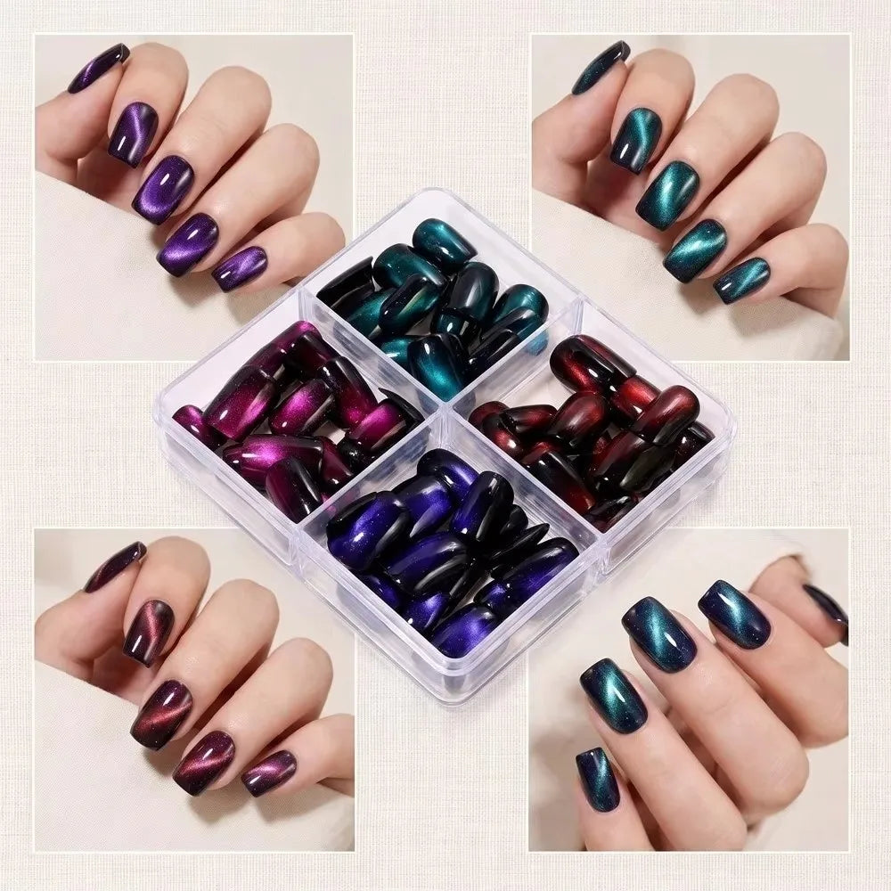 96-Pc Cat Eye Press On Nails | Short Square Glossy Glitter Press On Nails QXL