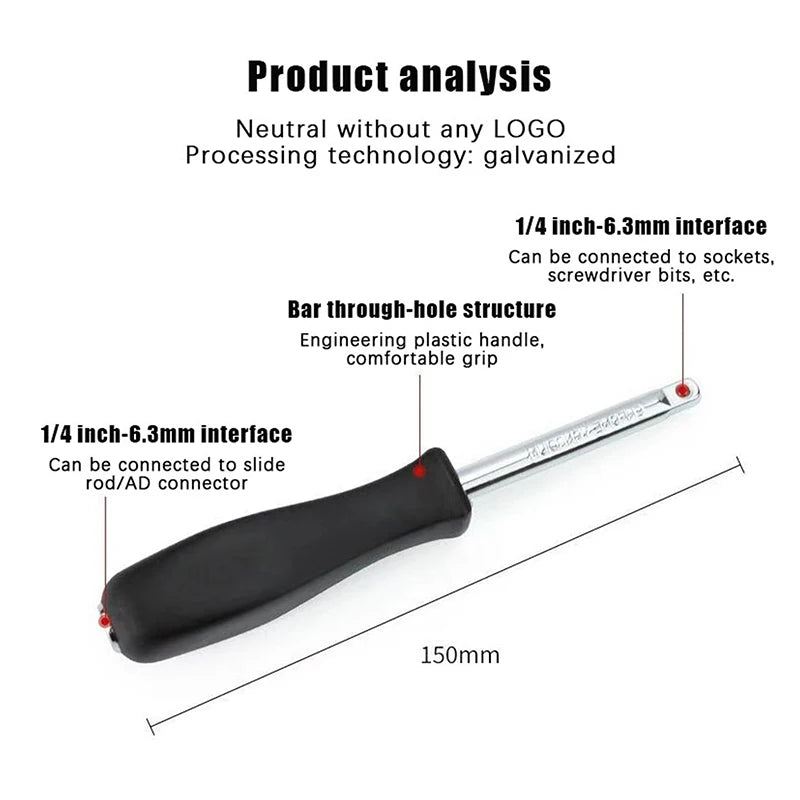 150mm 1/4" Female Square Drive Socket Wrench Handle | Cr-V Socket Wrench Handle QXL