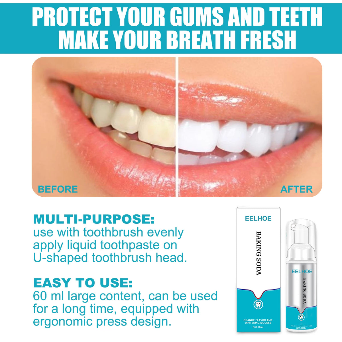Eelhoe Mint Whitening Foam Mousse Toothpaste | 60ml Pump Whitening Foam Toothpaste QXL
