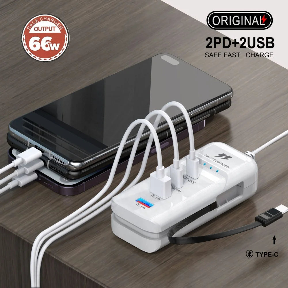 66W 4-Port USB-C PD Fast Wall Charger | EU US UK Plug USB-C Wall Charger QXL