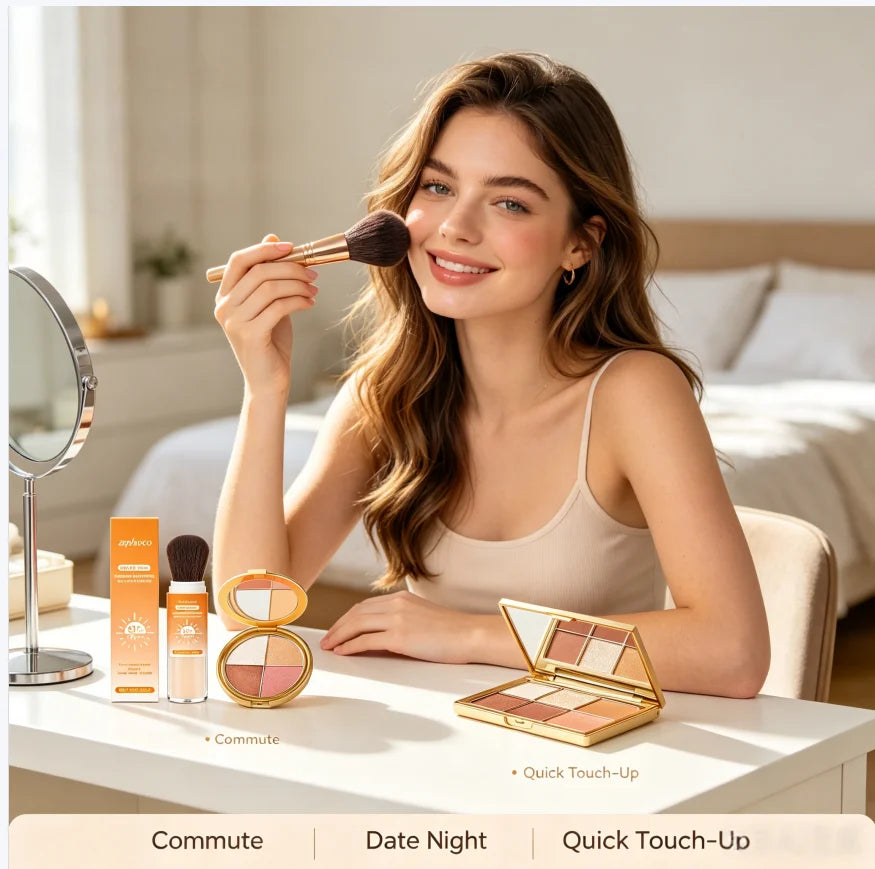 Sunscreen Setting Powder & 4-Color Shimmer Highlight Palette Setting Powder Palette QXL