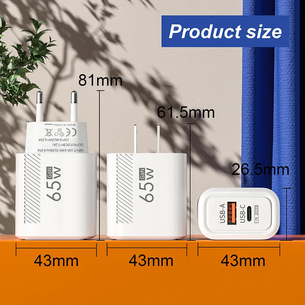 65W GaN USB-C Wall Charger | QC 3.0 Dual Port Fast Charging USB-C Wall Charger QXL