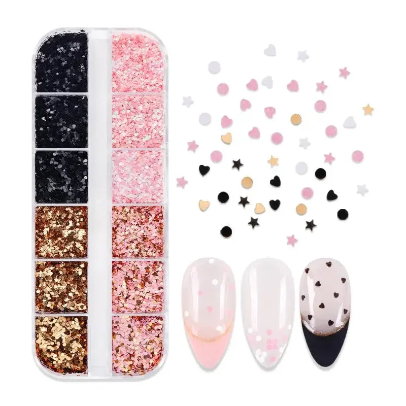 12-Grid Holographic Nail Glitter Sequins – Star Heart Round Nail Glitter Sequins QXL