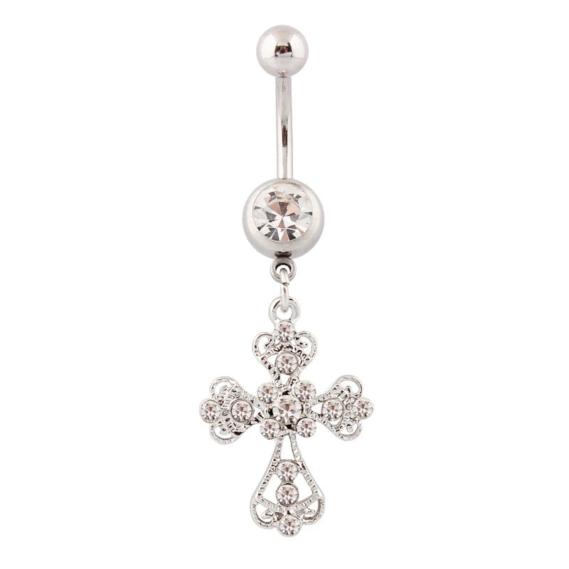 Crystal Cross Belly Button Ring | Stainless Steel Navel Bar Body Piercing Jewelry QXL onesize