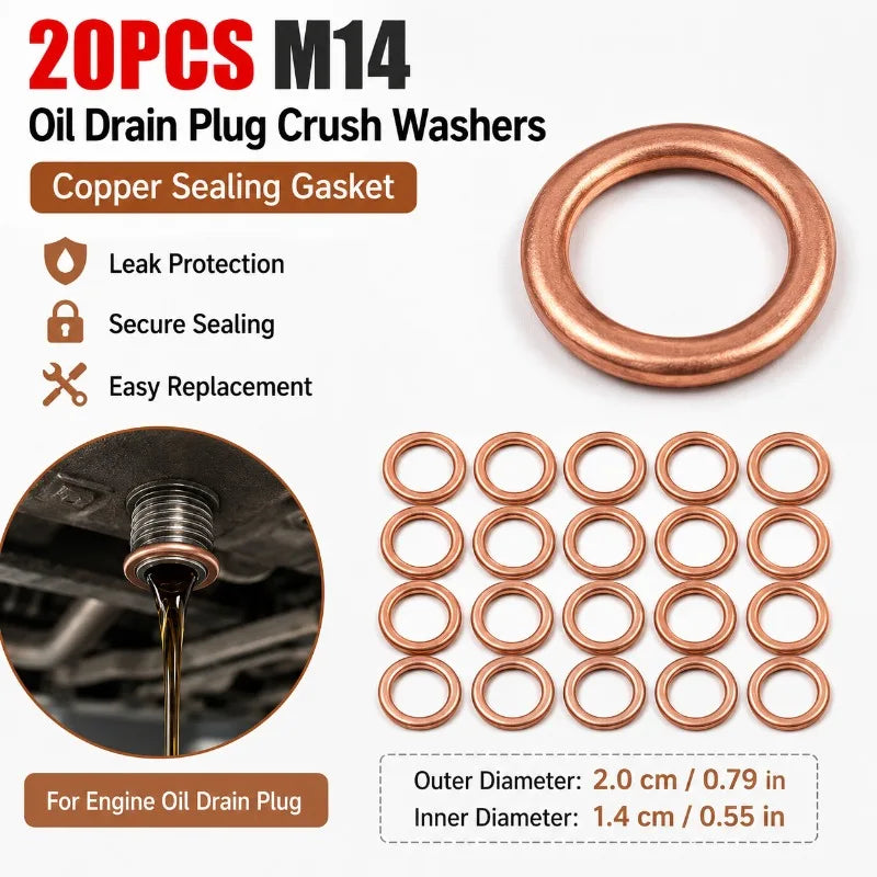 M14 Copper Oil Drain Plug Crush Washers 14x20mm | 10/20-Pack Oil Drain Washer QXL