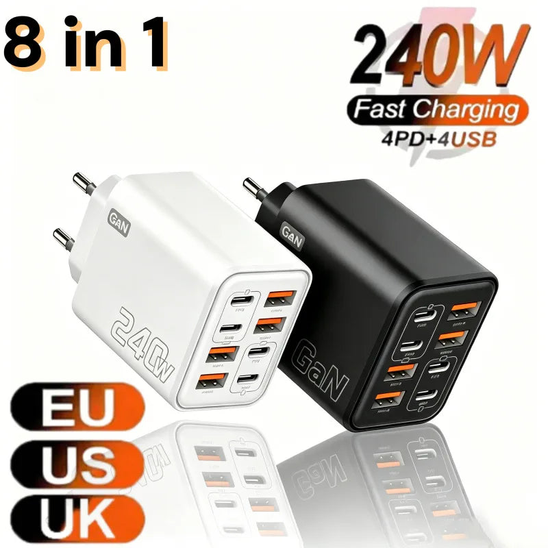 240W GaN 8-in-1 USB-C Fast Charger | EU US UK Wall Adapter Multi-Port Wall Charger QXL