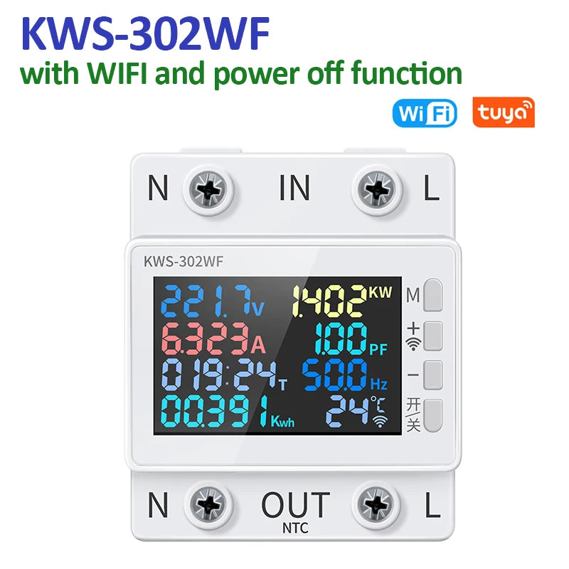 8-in-1 AC Power Meter 63A | kWh, Volts, Watts & WiFi Control AC Energy Power Meter QXL KWS-302WF with WIFI