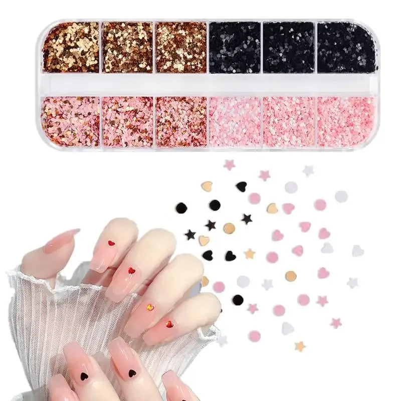 12-Grid Holographic Nail Glitter Sequins – Star Heart Round Nail Glitter Sequins QXL
