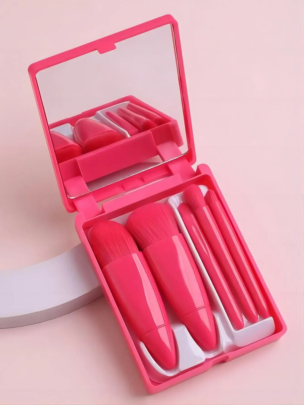 5-Piece Mini Travel Makeup Brush Set with Case & Mirror Travel Makeup Brush Set QXL M102 Rose Red