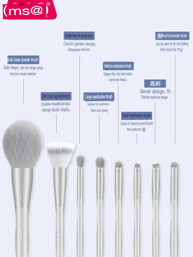 MSQ 8-Piece Silver Snow Makeup Brush Set | Eye, Lip & Blush Makeup Brush Set QXL