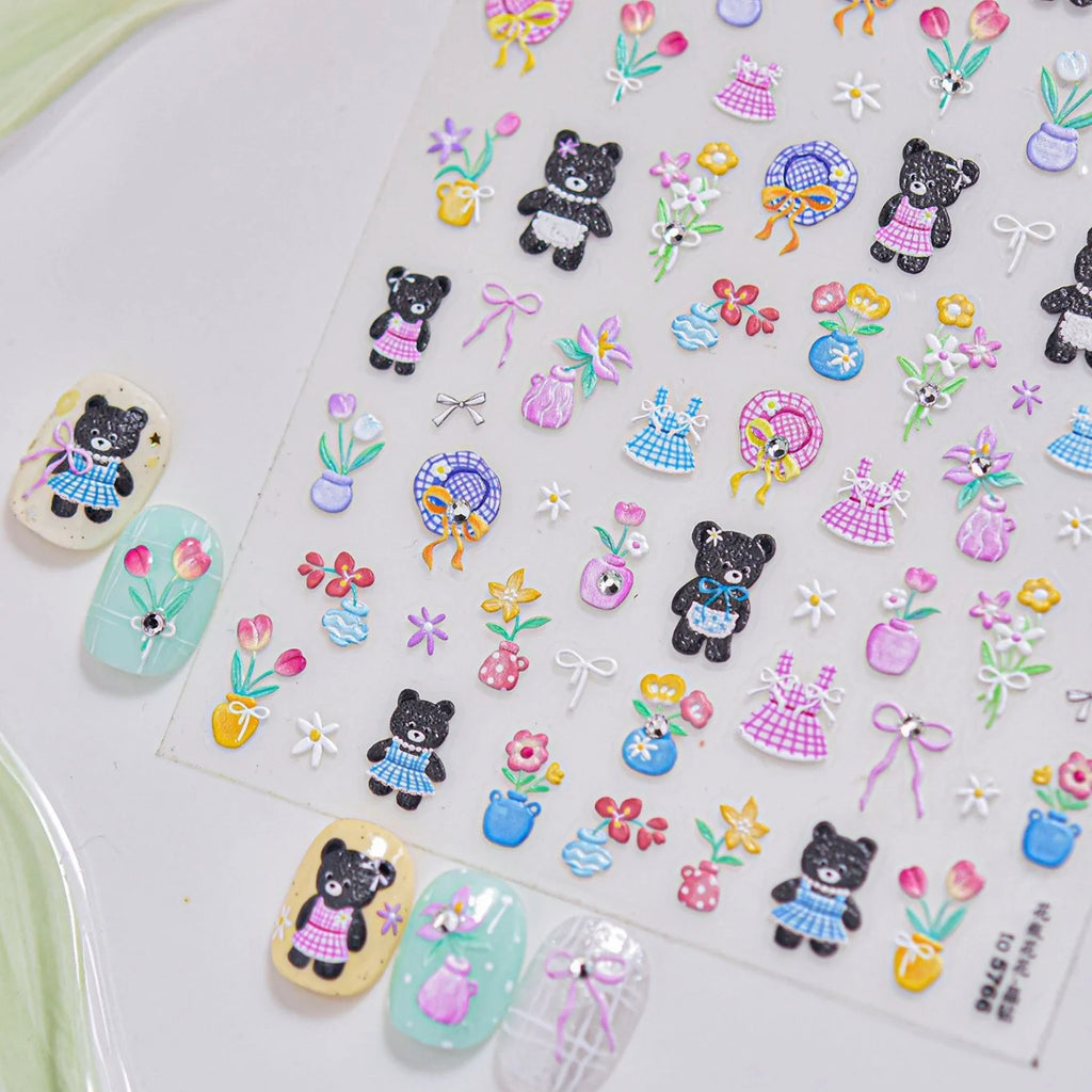 5D Black Bear Nail Art Stickers – Spring Tulip Garden Decals Nail Art Stickers QXL