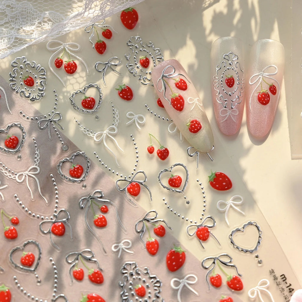 5D Strawberry Nail Stickers | Bow Pearl Self-Adhesive Decals Nail Art Stickers QXL