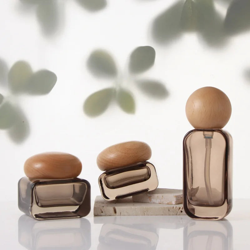 Glass Pump Bottle Wood Lid 20–120ml | Refillable Lotion & Oil Jar Refillable Pump Bottle QXL