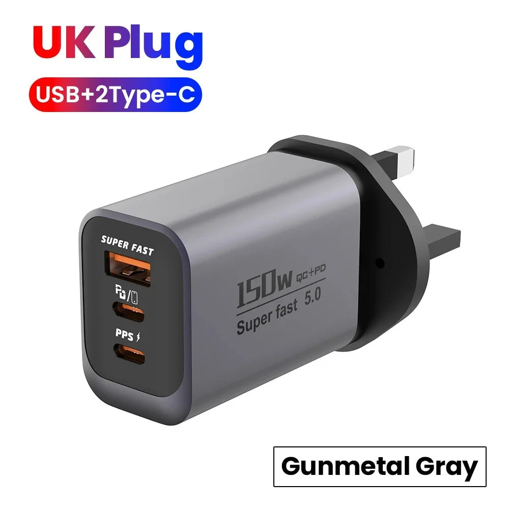 150W USB-C Multi-Port Fast Charger PD QC 3.0 | EU US UK Plug USB-C Wall Charger QXL Grey UK
