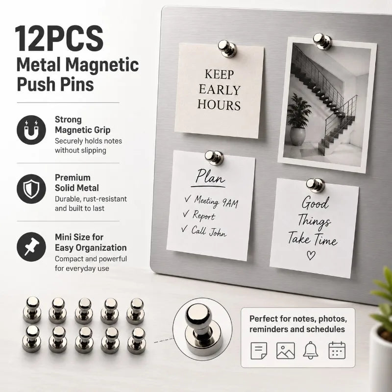12-Pack Metal Magnetic Push Pins | Silver Board & Fridge Magnets Magnetic Push Pins QXL
