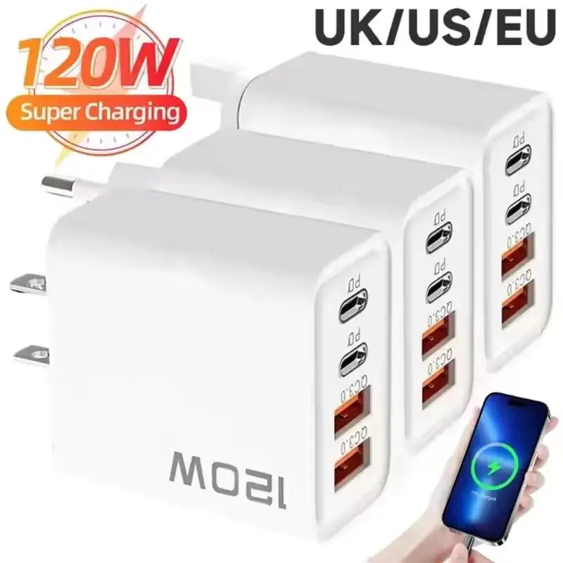 120W 4-Port USB-C PD Wall Charger | Quick Charge 3.0 USB Wall Charger QXL