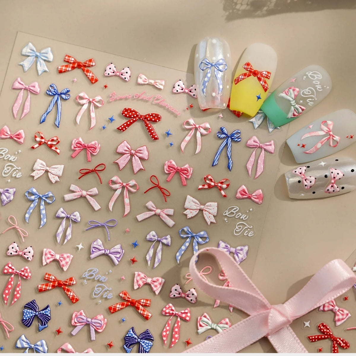 5D Vintage Bow Nail Stickers | Preppy Polka Dot & Plaid Decals Nail Art Stickers QXL