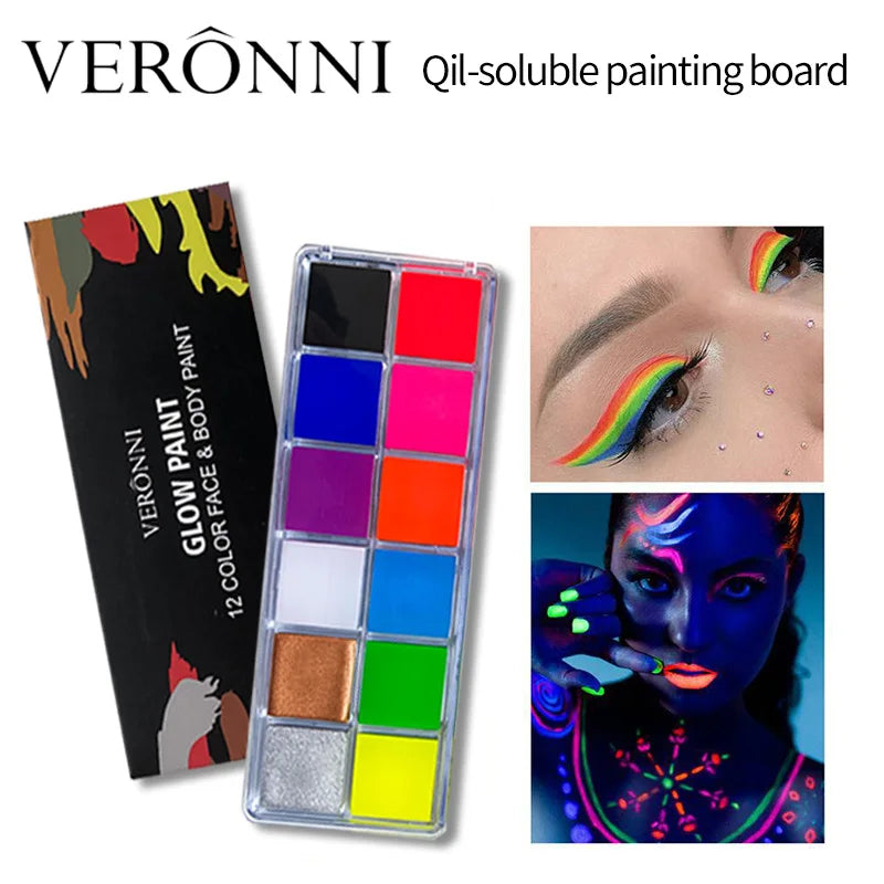 VERONNI 12-Color UV Glow Neon Face & Body Paint Palette UV Glow Face Paint QXL