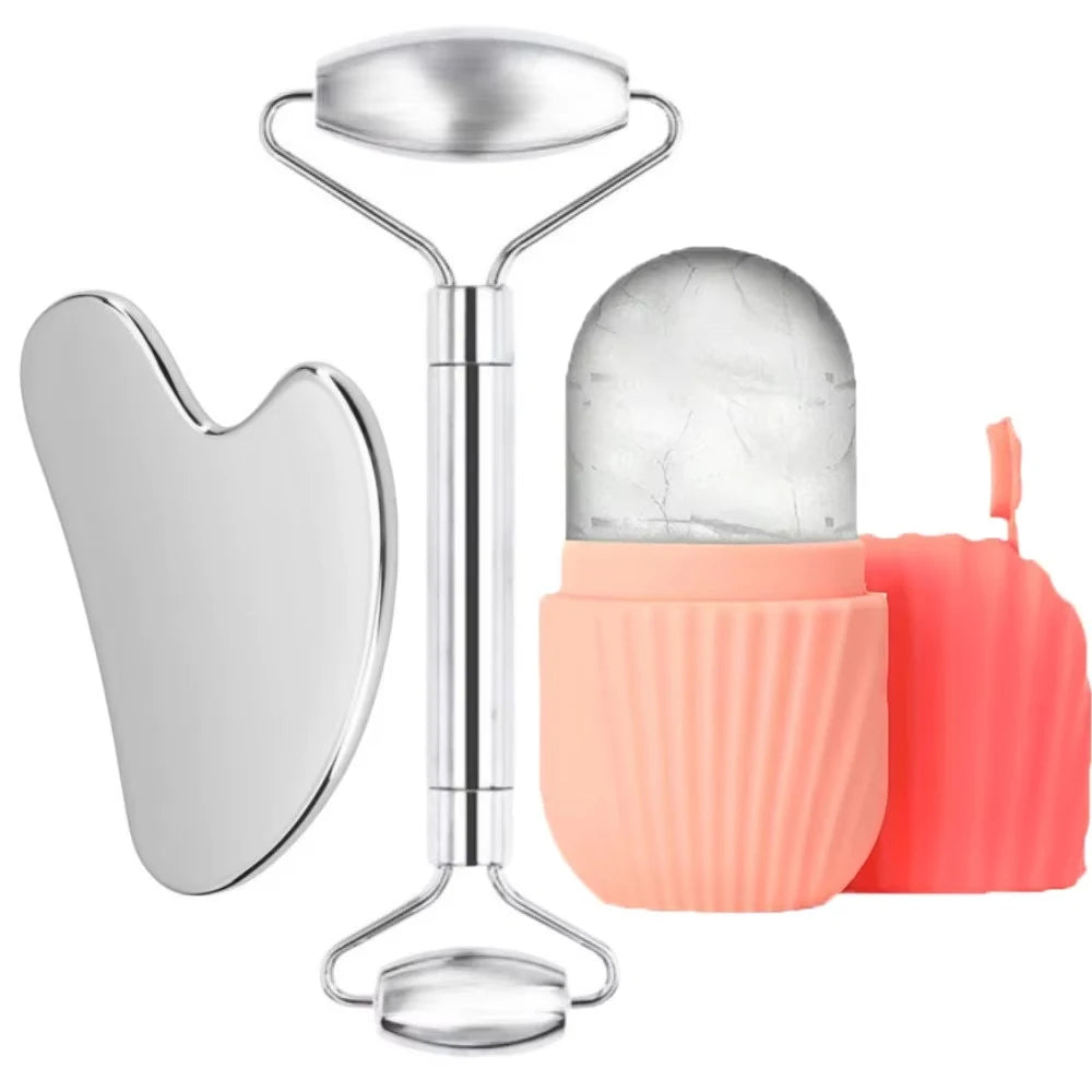 Ice Face Roller & Stainless Steel Gua Sha Tool Set Facial Massage Tool Set QXL Pink