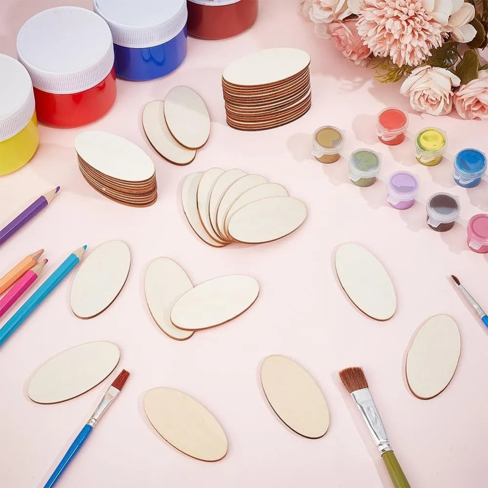 50-Pack Oval Unfinished Beech Wood Discs | Craft Blanks 1.2x2.4" Wood Craft Blanks QXL