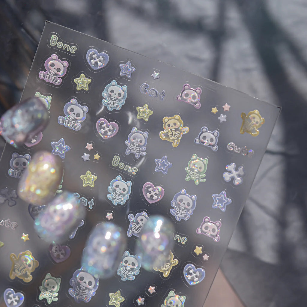 5D Holographic Y2K Nail Stickers | Gothic Cat Skull Heart Decals Nail Art Stickers QXL