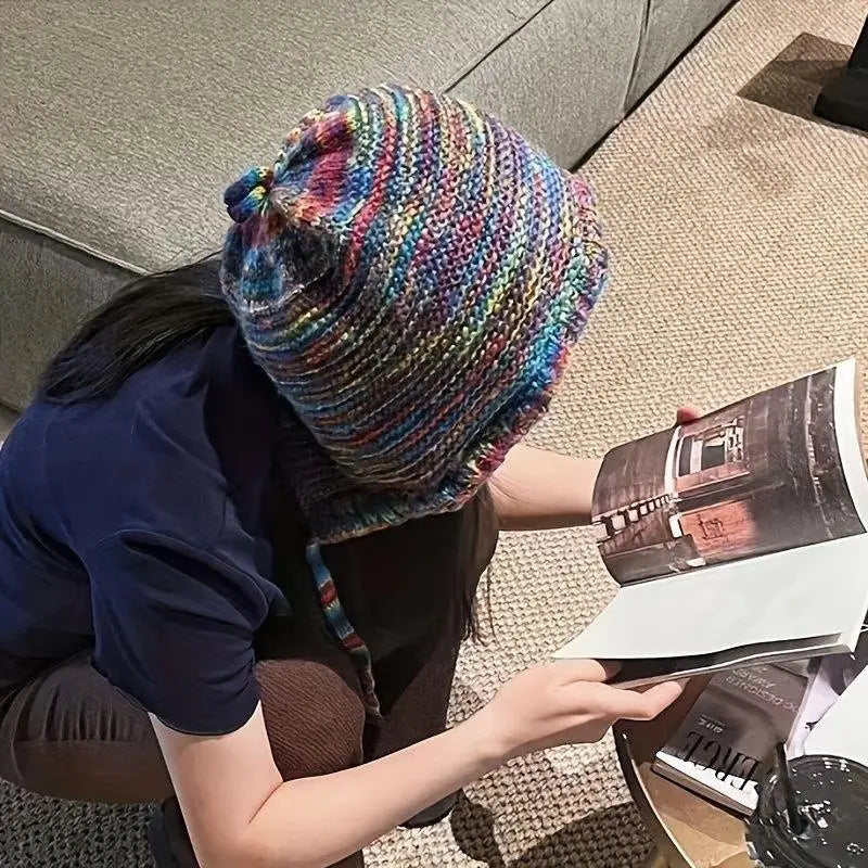 Rainbow Striped Knit Beanie Hat | Women's Winter Ear Warmer Knit Beanie Hat QXL