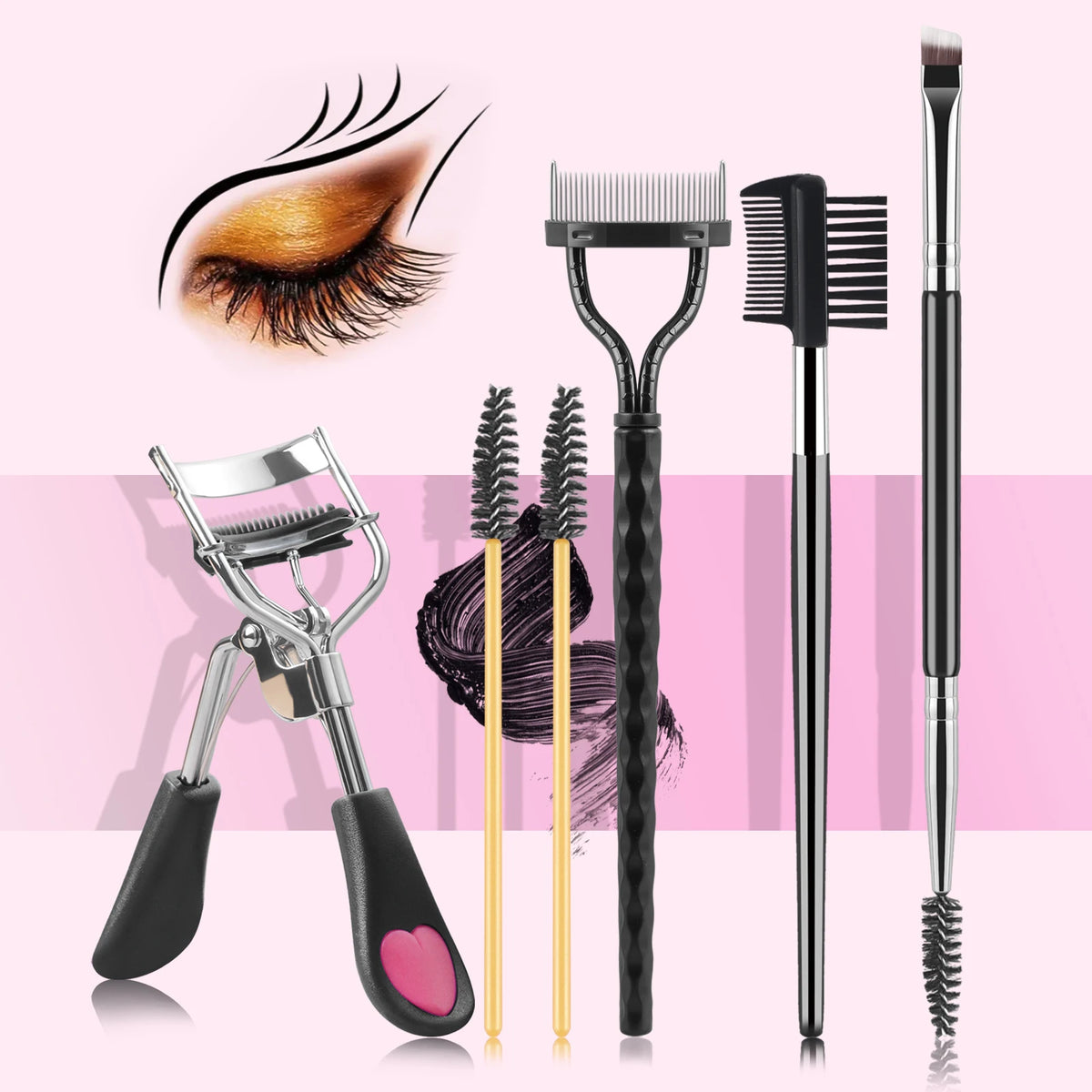 6-Piece Eyelash & Eyebrow Kit | Curler, Spoolie & Brow Brush Eye Makeup Tool Kit QXL Black Nylon