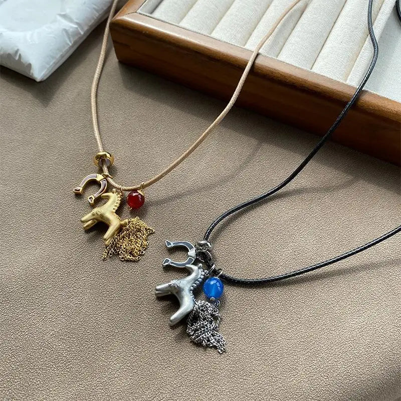 Horse Tassel Pendant Necklace | Y2K Wax Rope Choker Women Pendant Necklace QXL