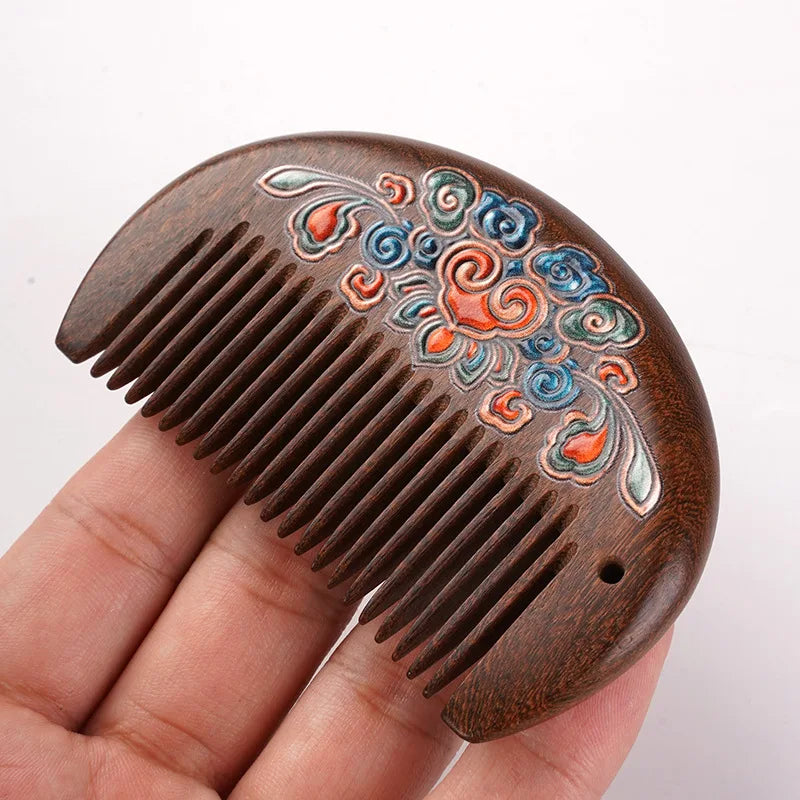 Handmade Sandalwood Hair Comb | Painted Floral Wood Comb Wooden Hair Comb QXL