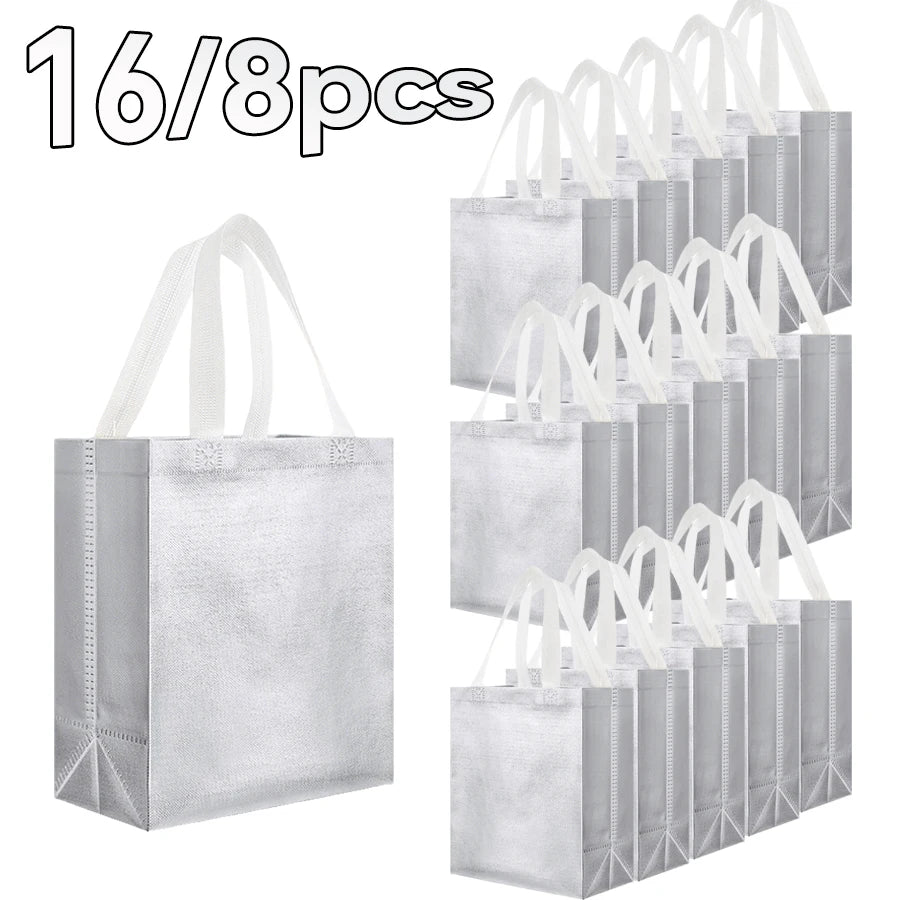 Silver Metallic Gift Bags with Handles | 8 & 16-Pack 10x4x8in Metallic Gift Bags QXL