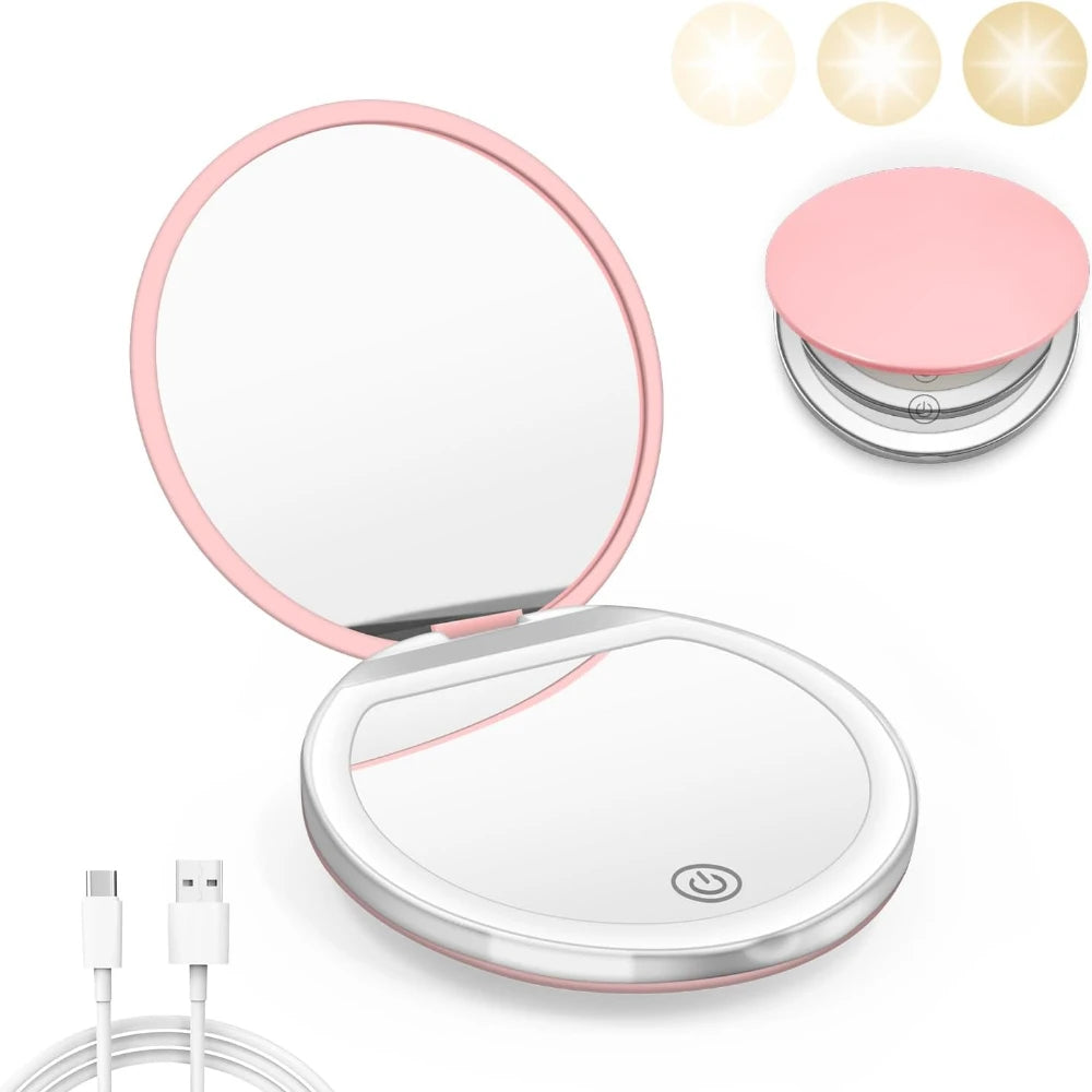 LED Compact Mirror 1X/3X Magnification | USB Rechargeable Pink LED Compact Mirror QXL