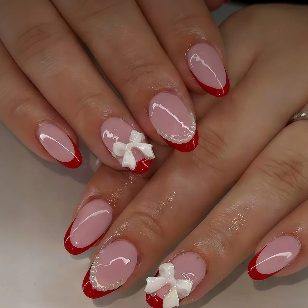 Almond Press-On Nails Bow Charms | Glossy Y2K Full Cover Set Press-On False Nails QXL Red