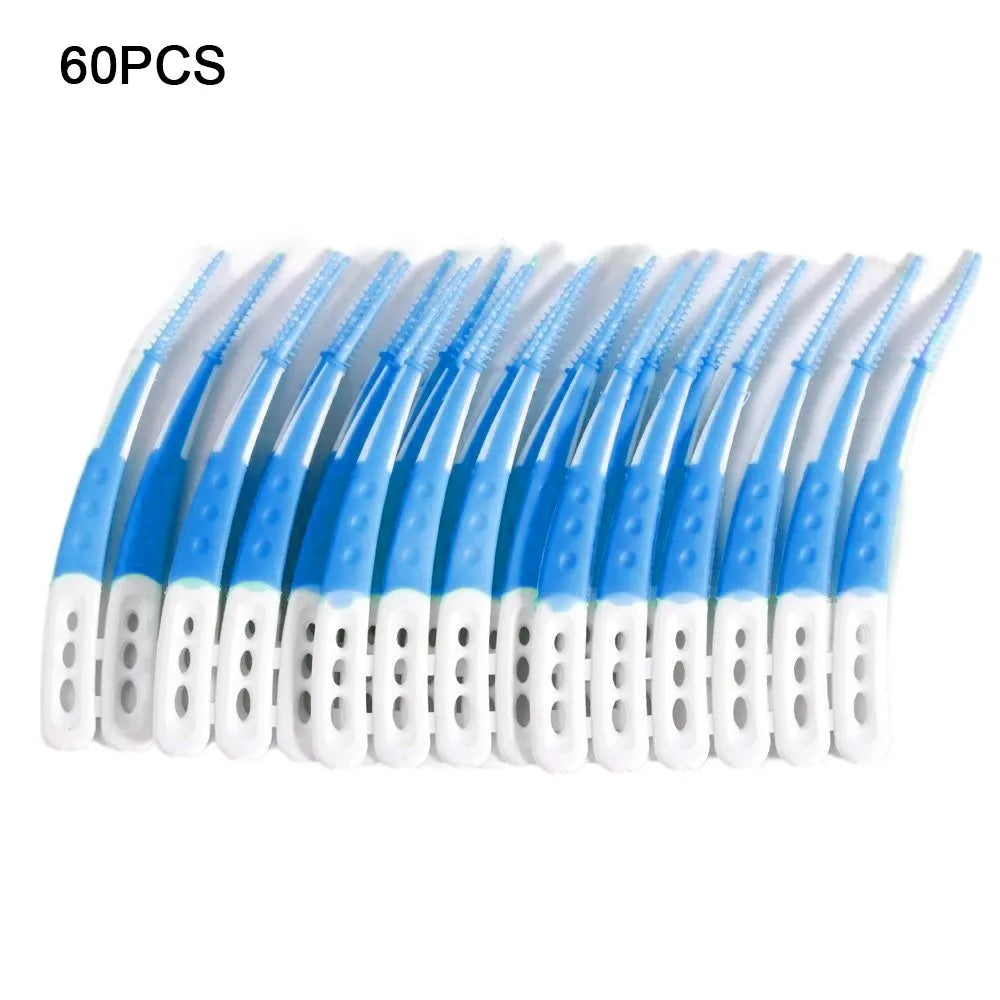 60-Pack Silicone Interdental Brushes | Soft Bristle Tooth Cleaner Interdental Brush Set QXL Blue