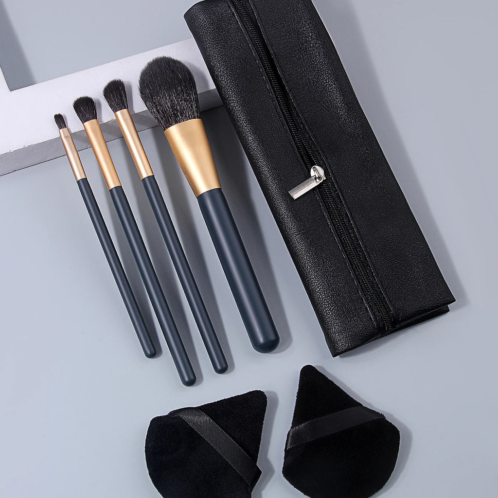 7-Pc Makeup Brush & Velvet Powder Puff Kit | Black Wood Handle Makeup Brush Set QXL