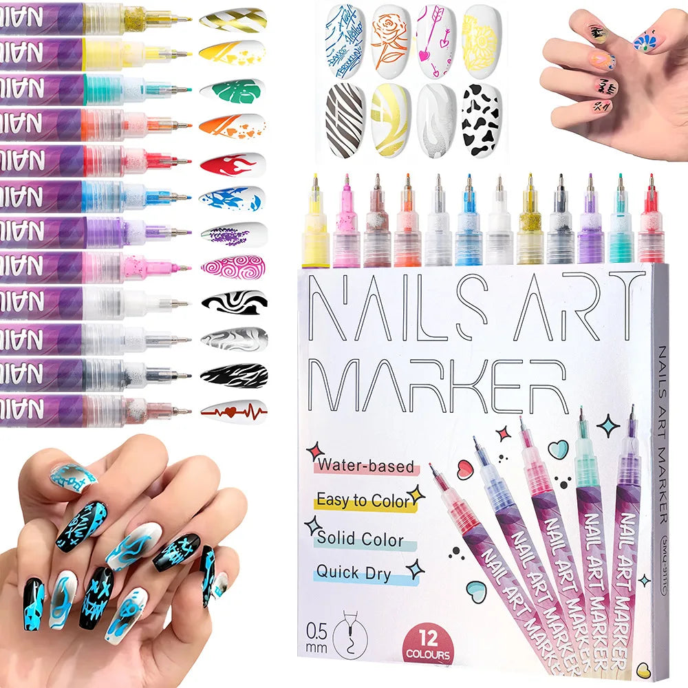 12-Pc Nail Art Graffiti Pens | 12 Colors Waterproof Marker Set Nail Art Pens QXL