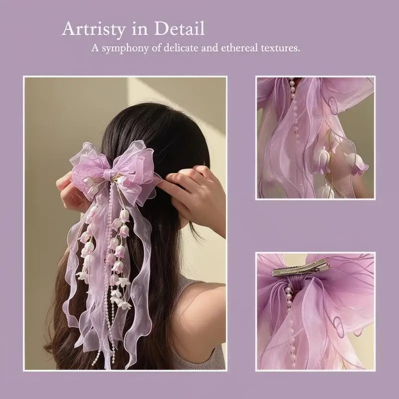 Mesh Bow Flower Tassel Hair Clip | Bridal & Party Gift Bridal Hair Clip QXL