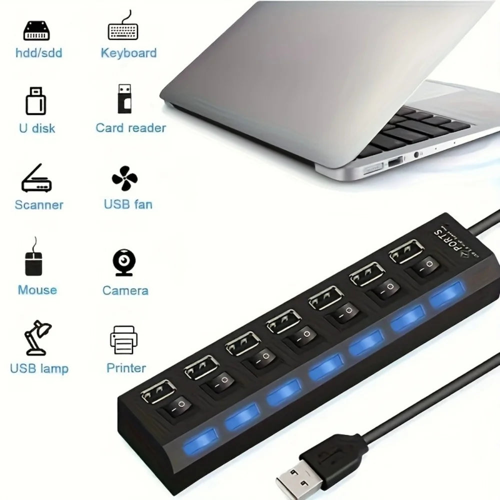 4/7 Port USB 2.0 Hub with Switch & LED | PC Laptop Splitter USB Hub QXL