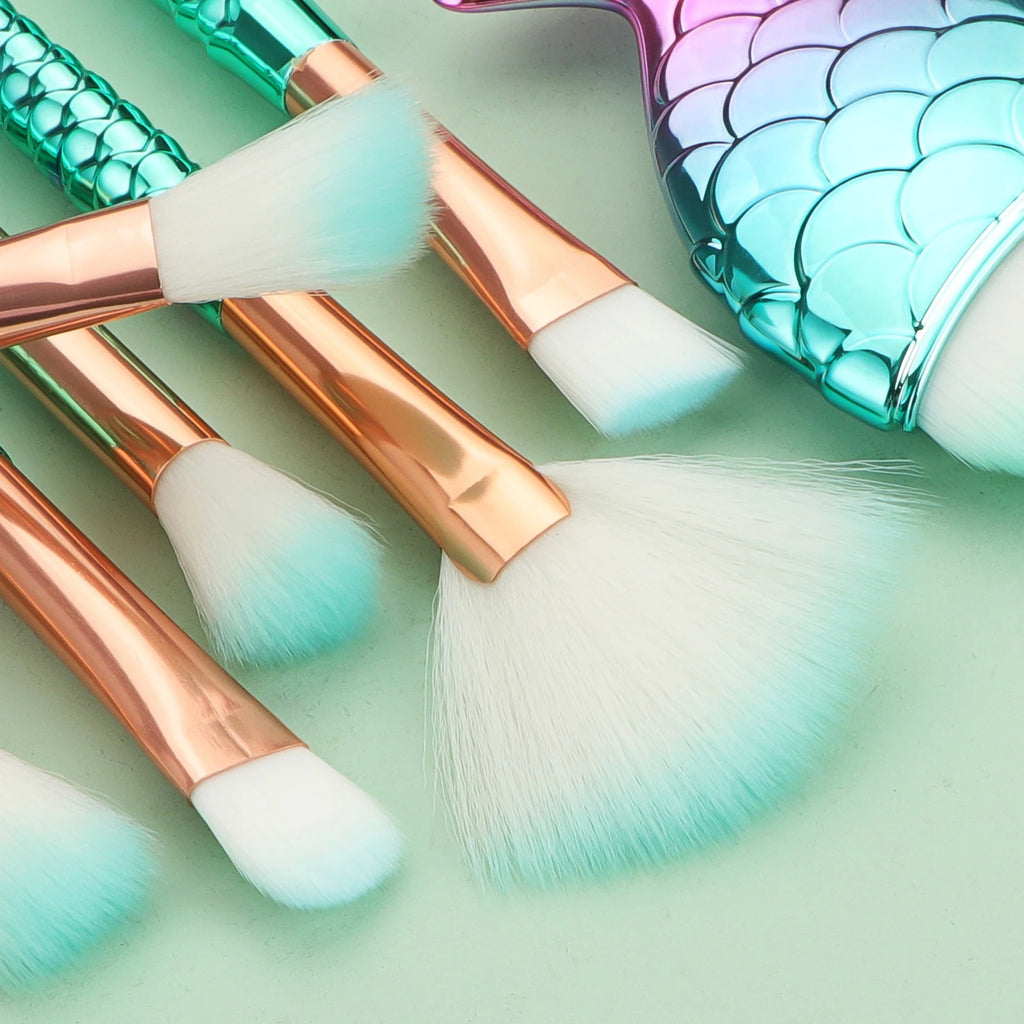 11-Pc Mermaid Makeup Brush Set | Fish Scale Gradient Handles Makeup Brush Set QXL