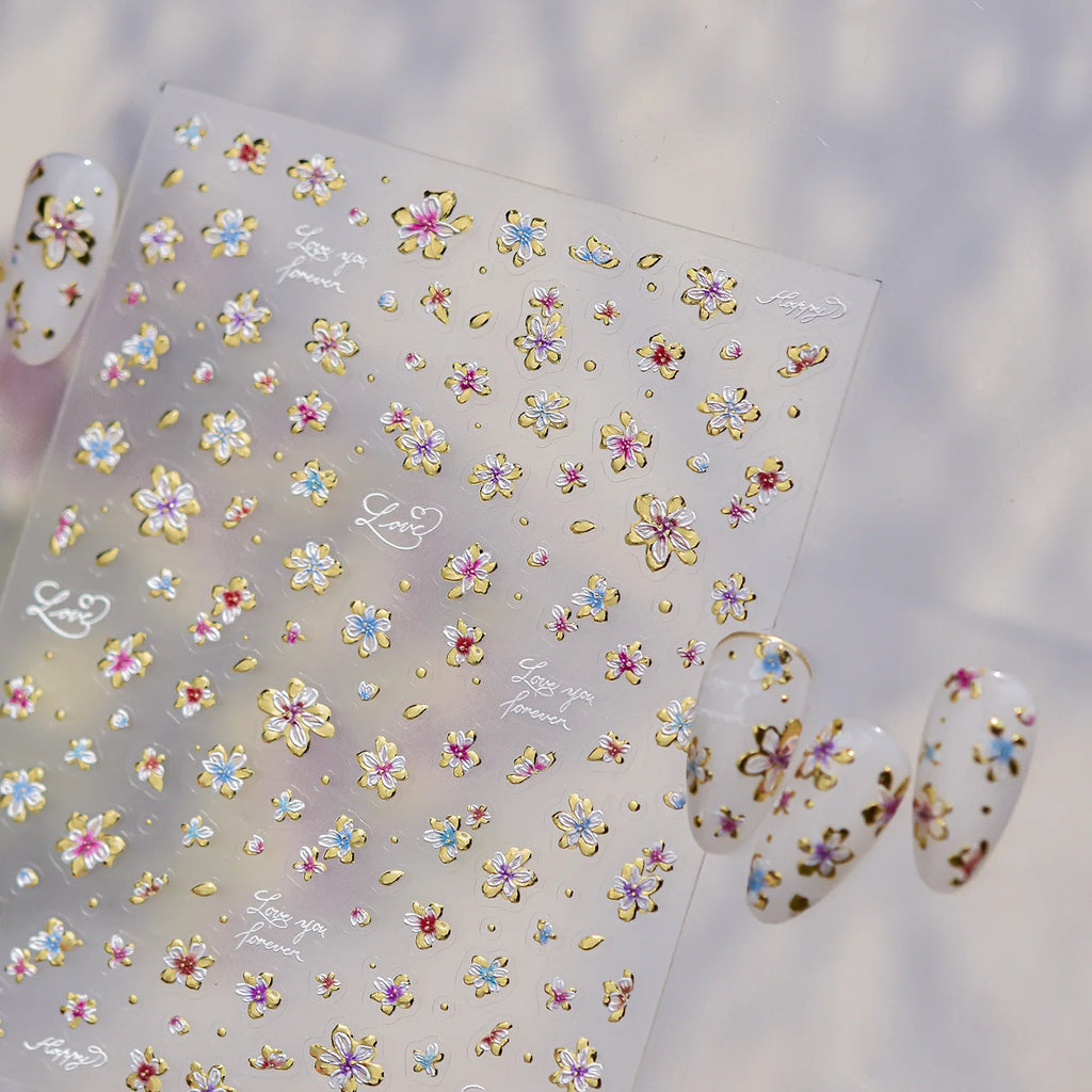 5D Floral Nail Stickers – Pink Blue Gradient & Gold Decals Nail Art Stickers QXL