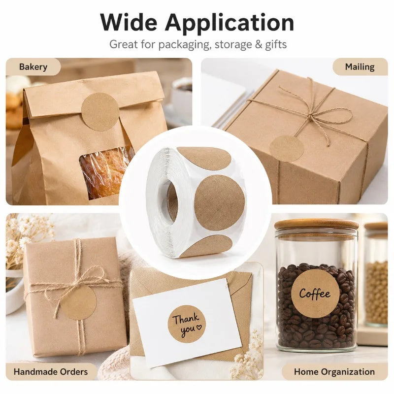 500-Pack Kraft Round Label Stickers | Writable Blank Seals Roll Kraft Label Stickers QXL