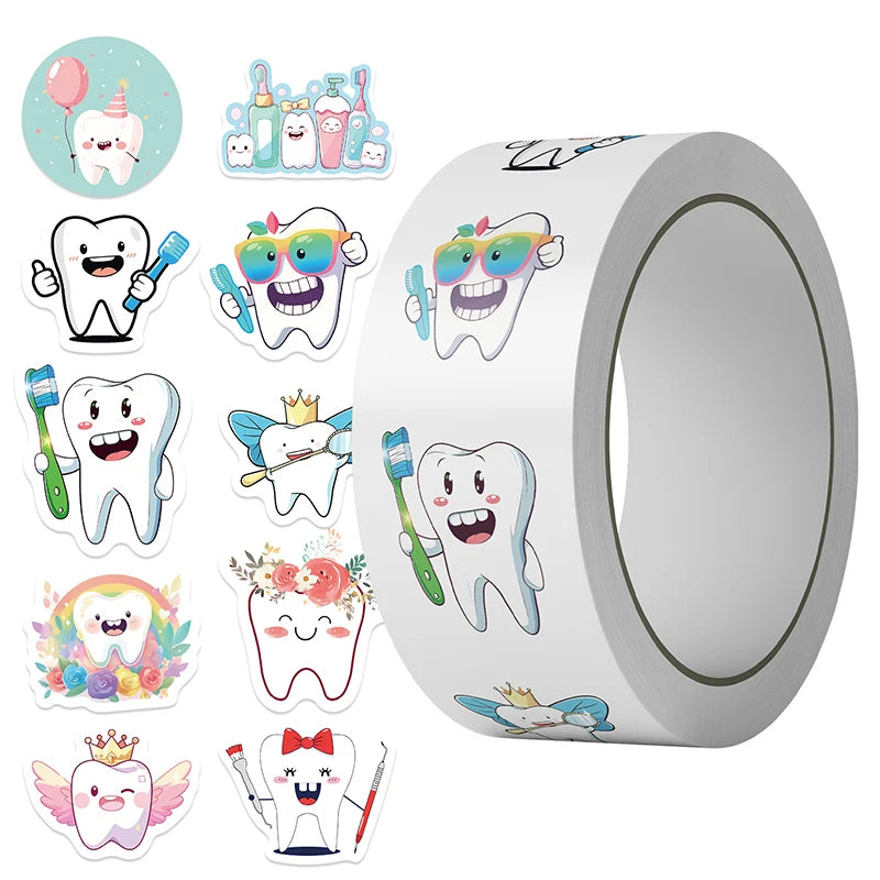 500 Tooth-Shaped Cartoon Stickers Roll | Kids Dental Rewards Dental Reward Stickers QXL