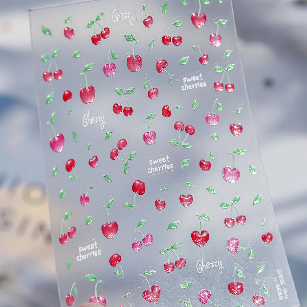 5D Cherry Embossed Nail Stickers | Gradient Pink Red Decals Nail Art Stickers QXL