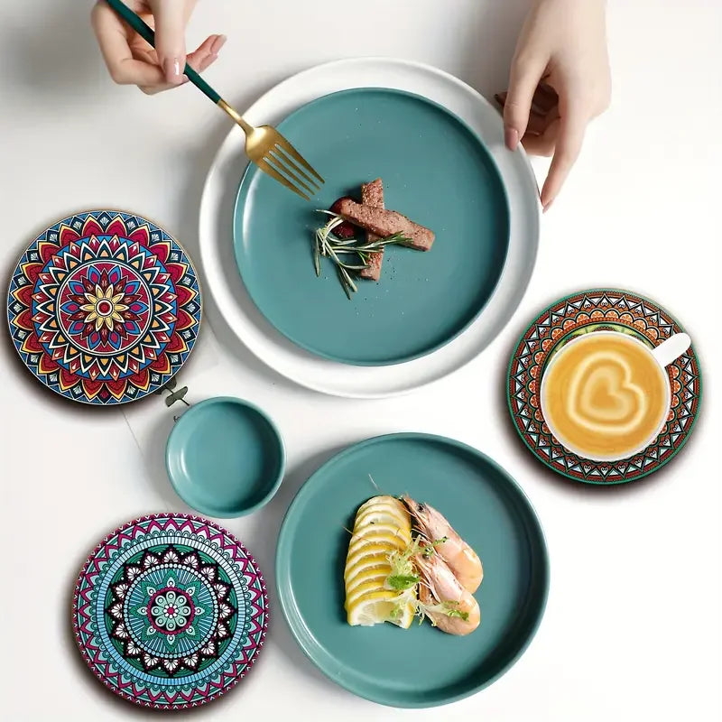 8-Piece Mandala Wooden Coasters Set | Home Bar & Decor Wooden Coaster Set QXL