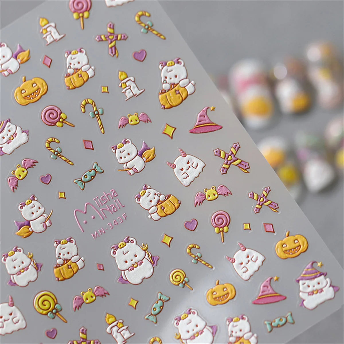 5D Kawaii Bear Halloween Nail Stickers – Ghost & Pumpkin Decals Nail Art Stickers QXL